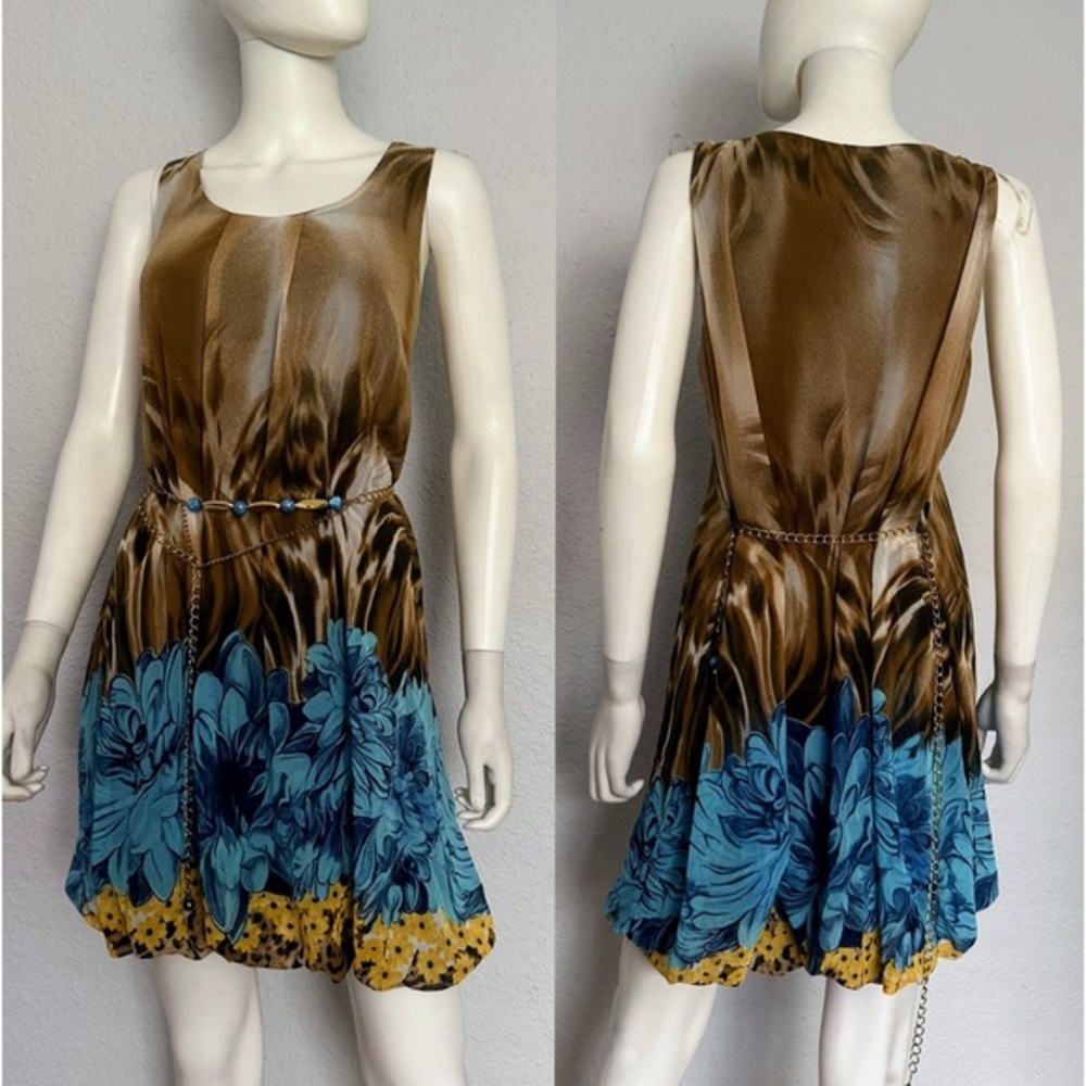 NWT CHIFFON SHORT DRESS SLEEVELESS LINED‎ ANIMAL/FLORAL PRINT BELTED
